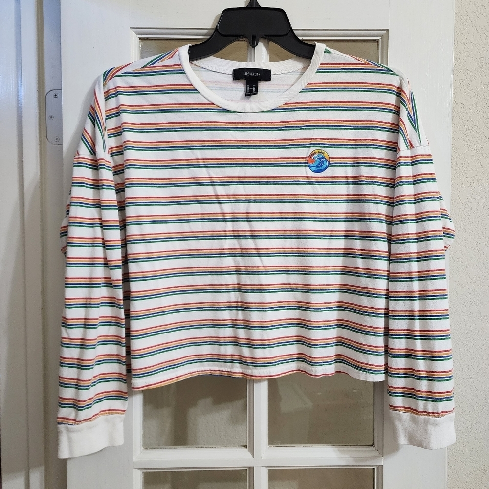 Forever 21+ Rainbow Stripe Ocean Vibes Crop Top Long Sleeve 0X